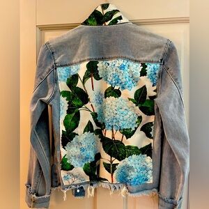 Stacy Bradley handmade denim jacket with washable silk back and collar, sz S